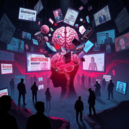 A conceptual illustration of cognitive warfare, featuring a surreal landscape filled with fragmented and distorted images symbolizing misinformation and psychological manipulation