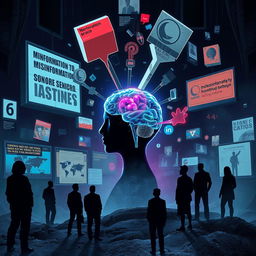 A conceptual illustration of cognitive warfare, featuring a surreal landscape filled with fragmented and distorted images symbolizing misinformation and psychological manipulation