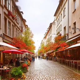 A bustling European street packed with busy cafes and boutiques. Colorful umbrellas adorn quaint outdoor seating areas, and cobblestone streets sparkle after a summer shower. Turning leaves hint at the coming fall.