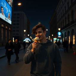 A night scene in Kyiv on Khreshchatyk street featuring Yurko, the hero of the film, walking confidently while enjoying an ice cream cone