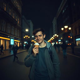 A night scene in Kyiv on Khreshchatyk street featuring Yurko, the hero of the film, walking confidently while enjoying an ice cream cone