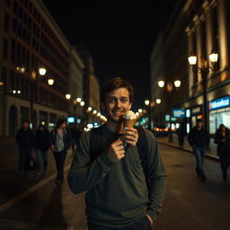A night scene in Kyiv on Khreshchatyk street featuring Yurko, the hero of the film, walking confidently while enjoying an ice cream cone