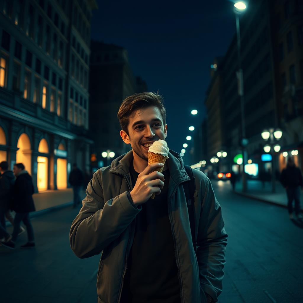 A night scene in Kyiv on Khreshchatyk street featuring Yurko, the hero of the film, walking confidently while enjoying an ice cream cone