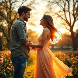 A romantic scene depicting a man and a woman falling in love, their eyes locked in a heartfelt gaze, surrounded by a beautiful sunset that casts a warm golden light over them