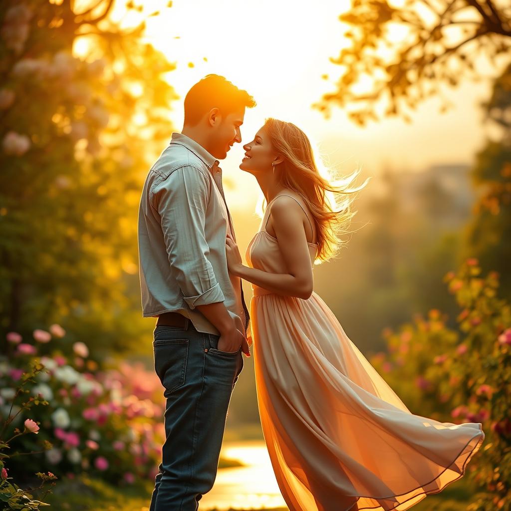 A romantic scene depicting a man and a woman falling in love, their eyes locked in a heartfelt gaze, surrounded by a beautiful sunset that casts a warm golden light over them