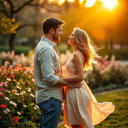 A romantic scene depicting a man and a woman falling in love, their eyes locked in a heartfelt gaze, surrounded by a beautiful sunset that casts a warm golden light over them