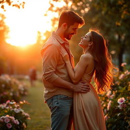 A romantic scene depicting a man and a woman falling in love, their eyes locked in a heartfelt gaze, surrounded by a beautiful sunset that casts a warm golden light over them
