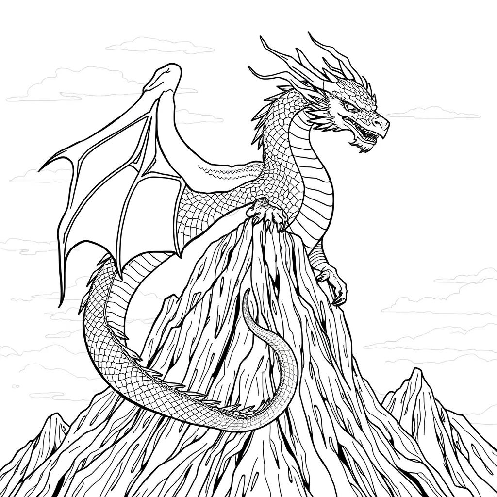 A sleek line art illustration of a majestic dragon coiling around a large mountain peak, with its wings partially unfurled, intricate scales rendered in fine detail