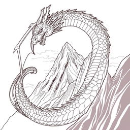 A sleek line art illustration of a majestic dragon coiling around a large mountain peak, with its wings partially unfurled, intricate scales rendered in fine detail
