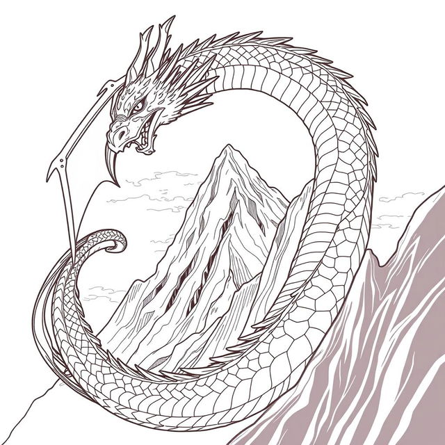 A sleek line art illustration of a majestic dragon coiling around a large mountain peak, with its wings partially unfurled, intricate scales rendered in fine detail