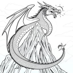 A sleek line art illustration of a majestic dragon coiling around a large mountain peak, with its wings partially unfurled, intricate scales rendered in fine detail