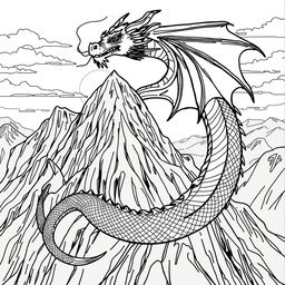 A sleek line art illustration of a majestic dragon coiling around a large mountain peak, with its wings partially unfurled, intricate scales rendered in fine detail