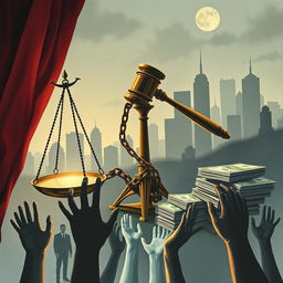 An engaging illustration that visually represents themes of law, corruption, asset recovery