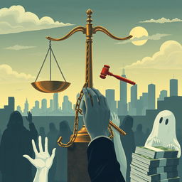 An engaging illustration that visually represents themes of law, corruption, asset recovery