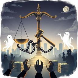 An engaging illustration that visually represents themes of law, corruption, asset recovery