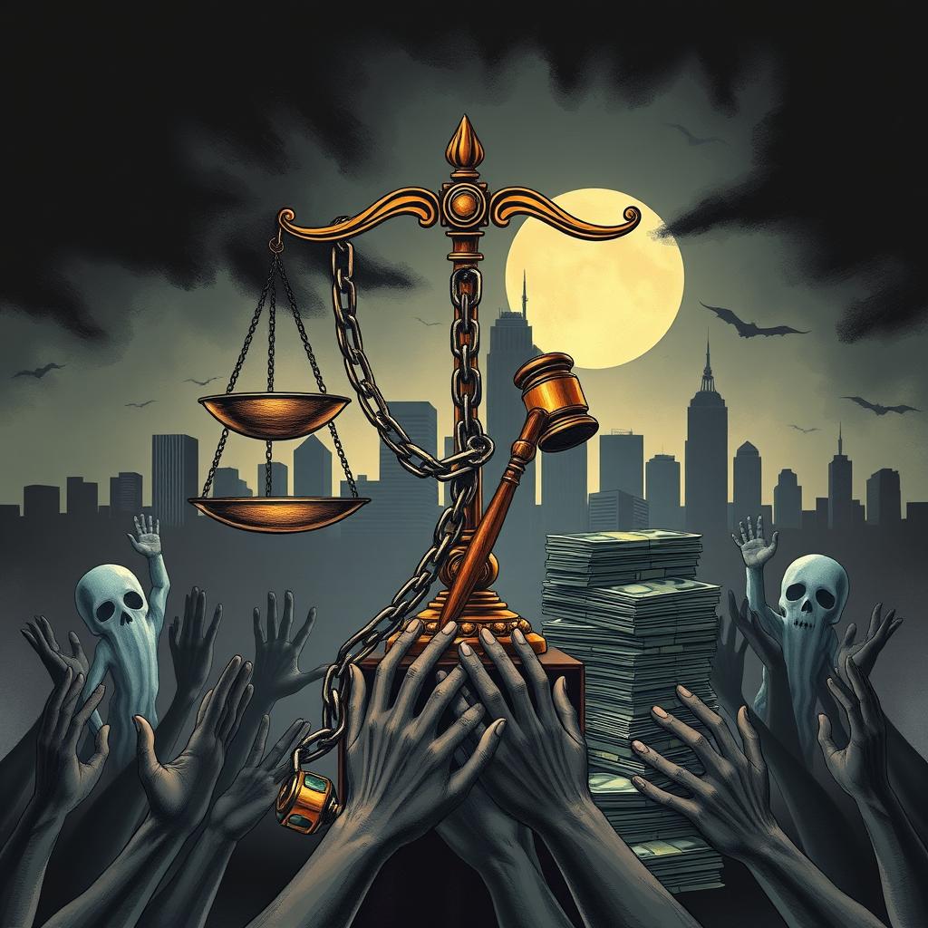 An engaging illustration that visually represents themes of law, corruption, asset recovery