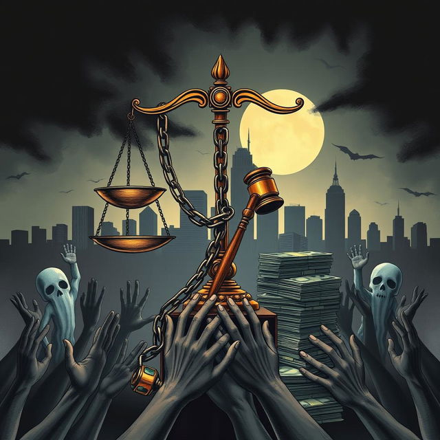 An engaging illustration that visually represents themes of law, corruption, asset recovery