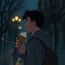 A side view of the hero Yurko walking down Khreshchatyk street in Kyiv during the night