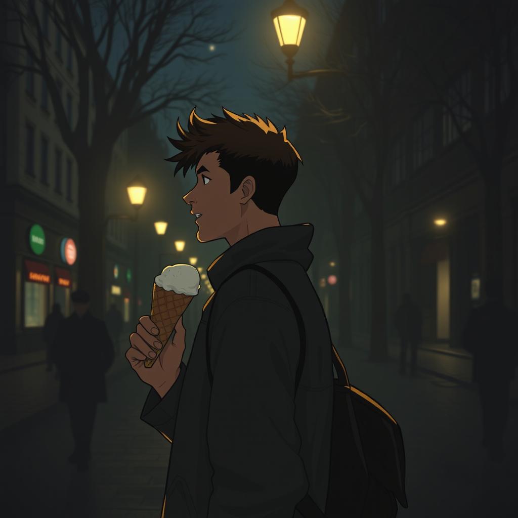 A side view of the hero Yurko walking down Khreshchatyk street in Kyiv during the night