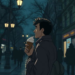 A side view of the hero Yurko walking down Khreshchatyk street in Kyiv during the night