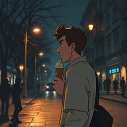 A side view of the hero Yurko walking down Khreshchatyk street in Kyiv during the night