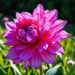 A visually stunning and vibrant depiction of a large, majestic flower in full bloom, showcasing intricate petal details and various shades of bright colors such as pink, purple, and blue