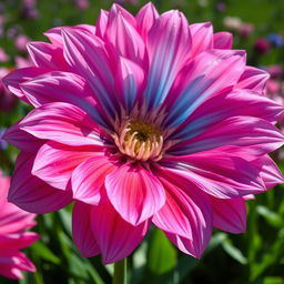 A visually stunning and vibrant depiction of a large, majestic flower in full bloom, showcasing intricate petal details and various shades of bright colors such as pink, purple, and blue