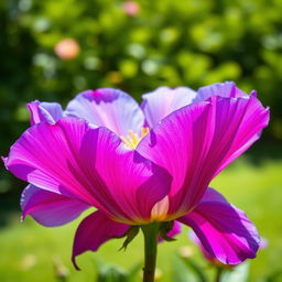 A visually stunning and vibrant depiction of a large, majestic flower in full bloom, showcasing intricate petal details and various shades of bright colors such as pink, purple, and blue