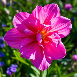 A visually stunning and vibrant depiction of a large, majestic flower in full bloom, showcasing intricate petal details and various shades of bright colors such as pink, purple, and blue