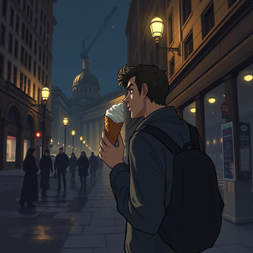 A realistic depiction of the hero Yurko walking down Khreshchatyk street in Kyiv at night, enjoying an ice cream cone