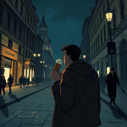 A realistic depiction of the hero Yurko walking down Khreshchatyk street in Kyiv at night, enjoying an ice cream cone
