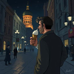 A realistic depiction of the hero Yurko walking down Khreshchatyk street in Kyiv at night, enjoying an ice cream cone