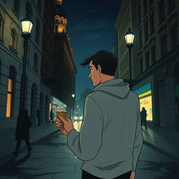 A realistic depiction of the hero Yurko walking down Khreshchatyk street in Kyiv at night, enjoying an ice cream cone