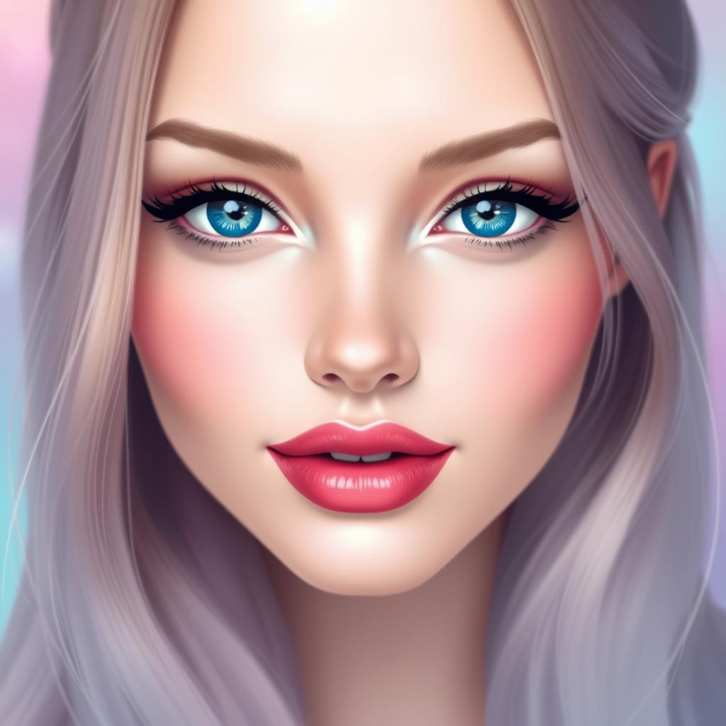 A beautiful and expressive female face with soft features, large sparkling eyes in shades of blue, full lips painted in a glossy pink, and long flowing hair cascading over her shoulders