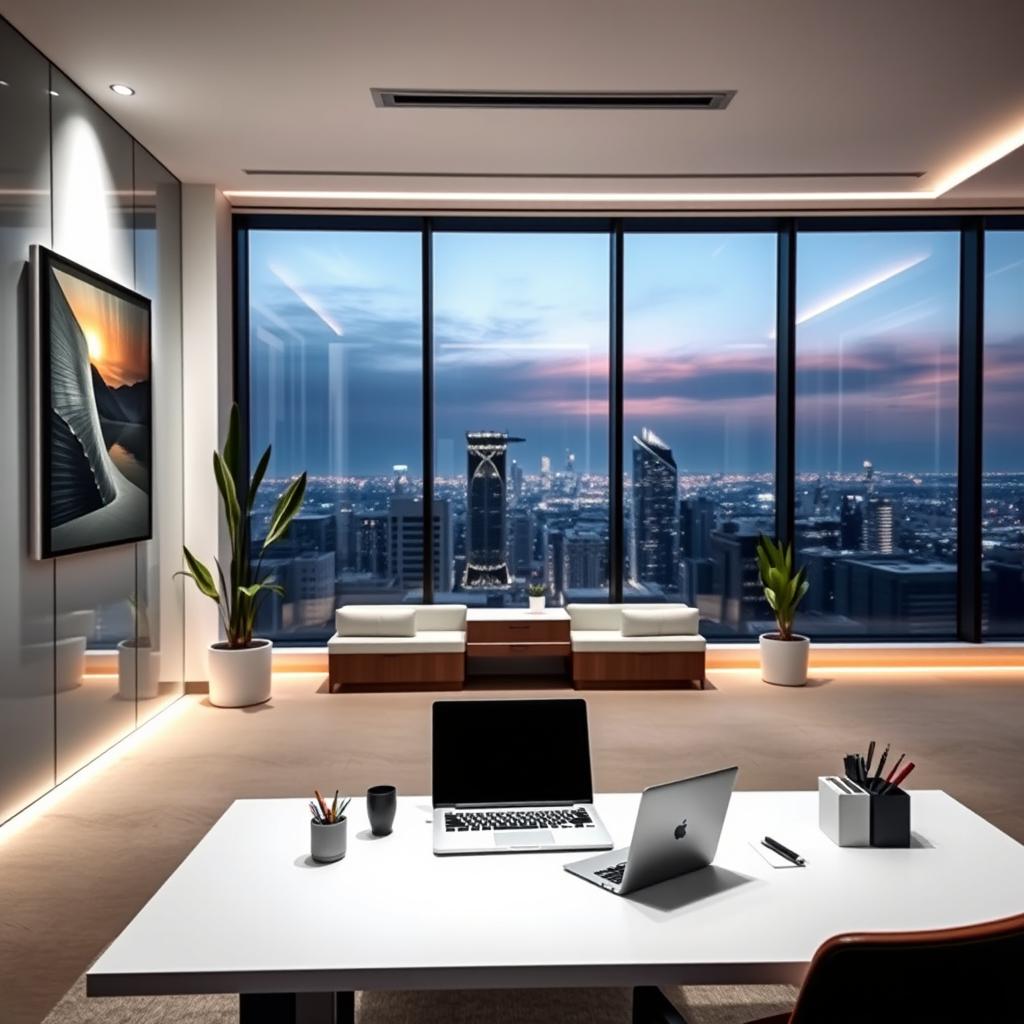 An expansive view of a modern office interior with a continuation of the wall design featuring sleek glass panels and artistic wall art, soft ambient lighting illuminating the space, tall plants in stylish pots, and a contemporary desk setup with a laptop and stationery arranged neatly