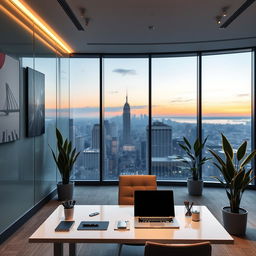 An expansive view of a modern office interior with a continuation of the wall design featuring sleek glass panels and artistic wall art, soft ambient lighting illuminating the space, tall plants in stylish pots, and a contemporary desk setup with a laptop and stationery arranged neatly