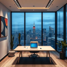 An expansive view of a modern office interior with a continuation of the wall design featuring sleek glass panels and artistic wall art, soft ambient lighting illuminating the space, tall plants in stylish pots, and a contemporary desk setup with a laptop and stationery arranged neatly