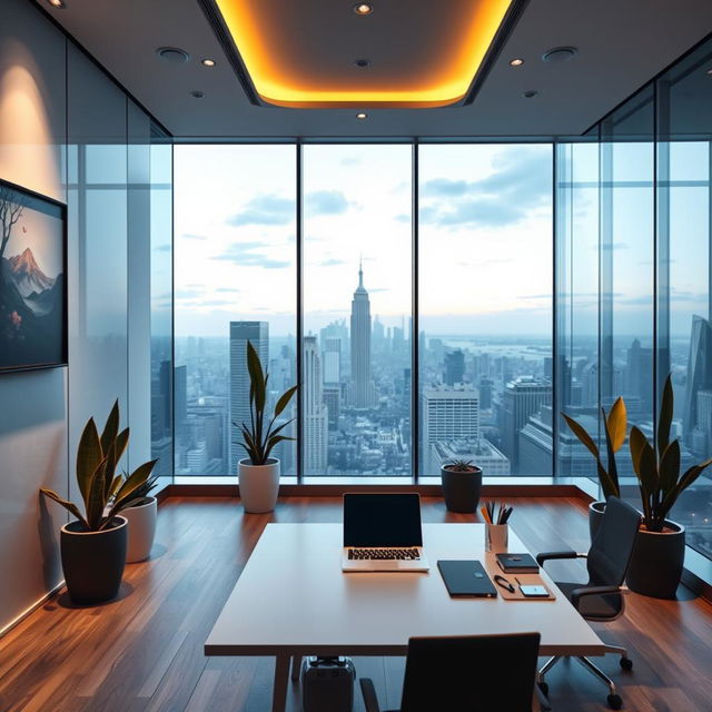 An expansive view of a modern office interior with a continuation of the wall design featuring sleek glass panels and artistic wall art, soft ambient lighting illuminating the space, tall plants in stylish pots, and a contemporary desk setup with a laptop and stationery arranged neatly