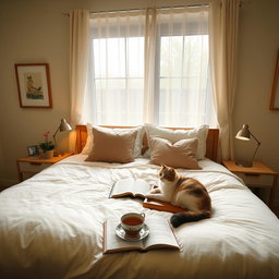 A cozy bedroom scene featuring a neatly made double bed with a plush comforter and decorative pillows