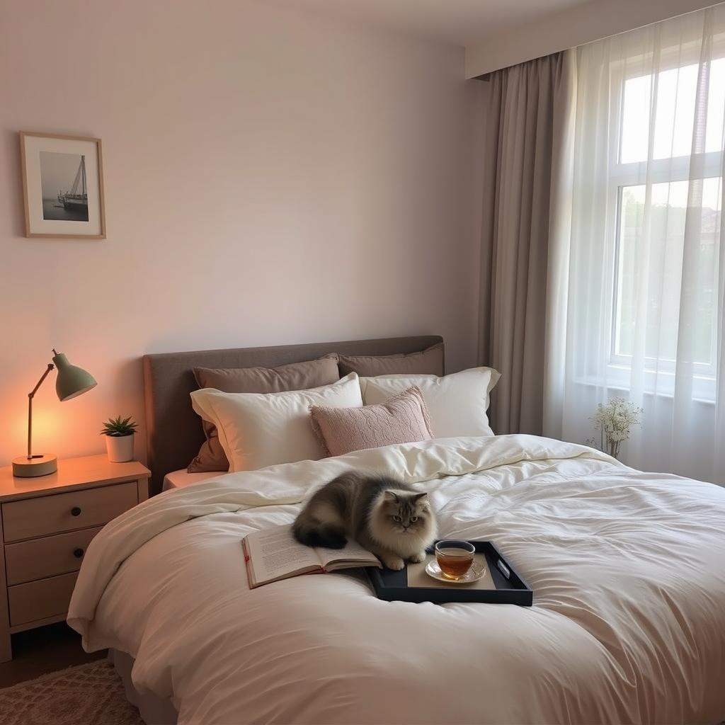 A cozy bedroom scene featuring a neatly made double bed with a plush comforter and decorative pillows