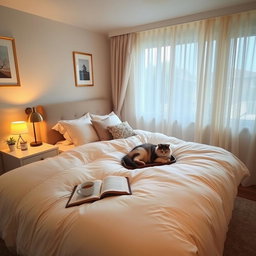 A cozy bedroom scene featuring a neatly made double bed with a plush comforter and decorative pillows
