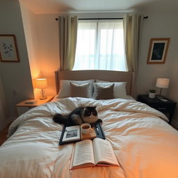 A cozy bedroom scene featuring a neatly made double bed with a plush comforter and decorative pillows