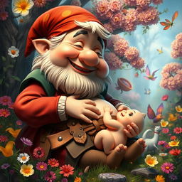 A whimsical and surreal scene depicting a fantastical setting where a comically oversized fat dwarf boy is playfully engaged in the act of giving birth
