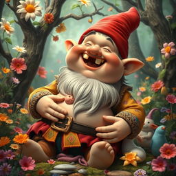 A whimsical and surreal scene depicting a fantastical setting where a comically oversized fat dwarf boy is playfully engaged in the act of giving birth