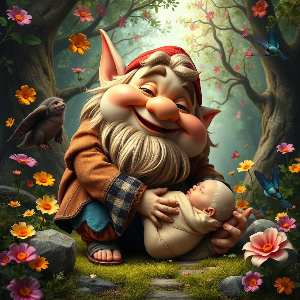 A whimsical and surreal scene depicting a fantastical setting where a comically oversized fat dwarf boy is playfully engaged in the act of giving birth