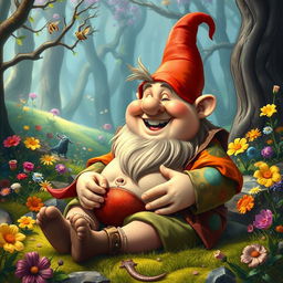 A whimsical and surreal scene depicting a fantastical setting where a comically oversized fat dwarf boy is playfully engaged in the act of giving birth