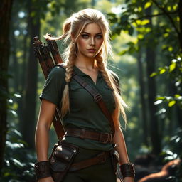 A human woman ranger with long blonde hair tied in a loose braid