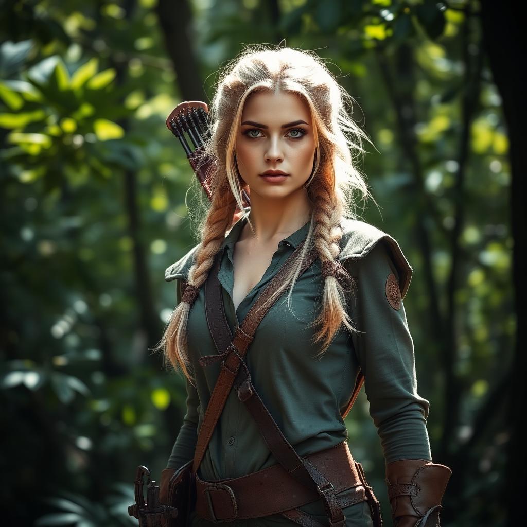 A human woman ranger with long blonde hair tied in a loose braid