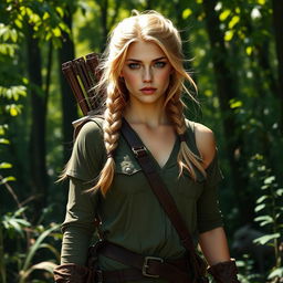 A human woman ranger with long blonde hair tied in a loose braid