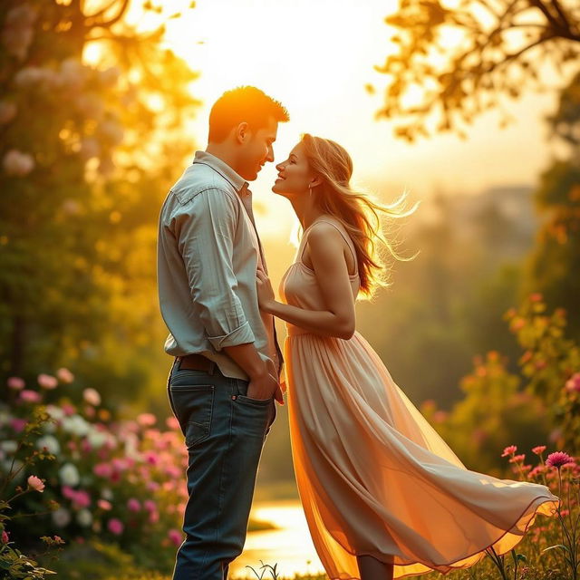 A romantic scene of a man and a woman immersed in the bliss of falling in love, their faces inches apart with tender smiles